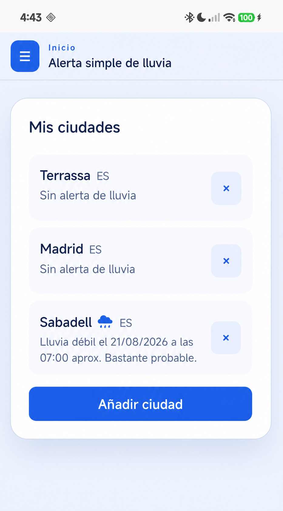 Alerta Simple de Lluvia mostrando Terrassa y Madrid sin alerta y Sabadell con lluvia prevista